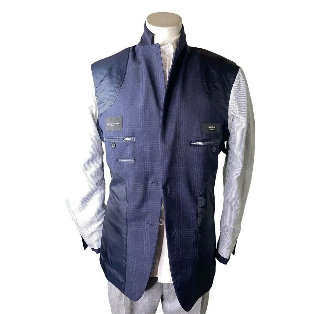NEW Banana Republic Mens Blazer 40R Slim Fit Navy Plaid Marzotto Super 100s Wool
